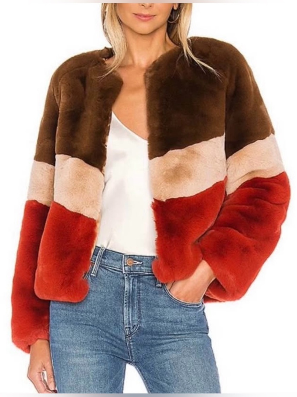 APPARIS Brigitte Colorblock Faux Fur Jacket Size L Brown Cream Red REVOLVE